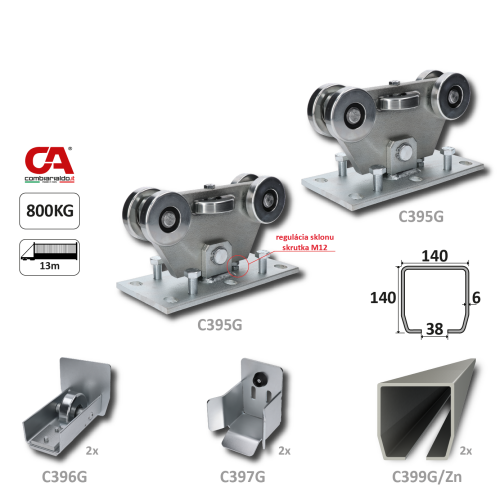 GRANDE-Klasik samonosný systém 140x140x6 mm pro posuvné brány do 800 kg / 13 m otvor (C399G/Zn 2x 6 m pozinkovaný profil, C395G Klasik 2ks, C397G 2ks, 2x C396G 2ks), běžný provoz